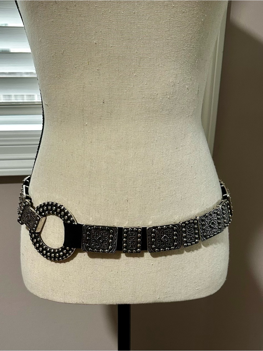 Studded Stretch Black Fashion Waist Belt with Silver Slides